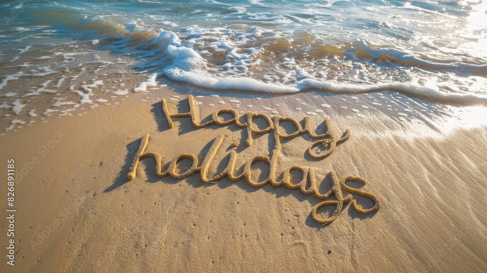 Fototapeta premium Happy Holidays hand written in sand on a beautiful beach. Summer vacation concept