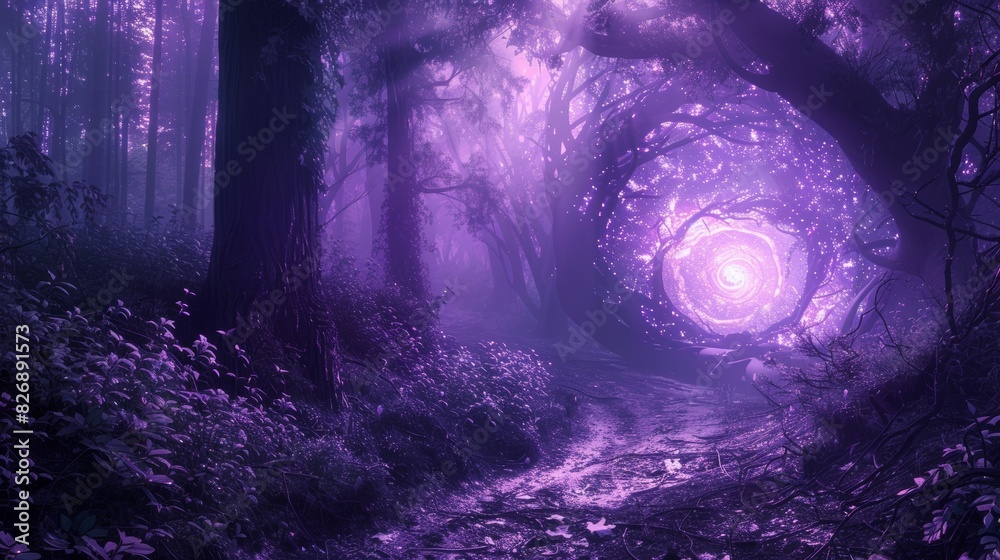 Mystical purple night forest, featuring an enchanted pathway that leads to a radiant swirling eye portal Mystical purple night forest, featuring an enchanted pathway that leads to a radiant swirling eye portal