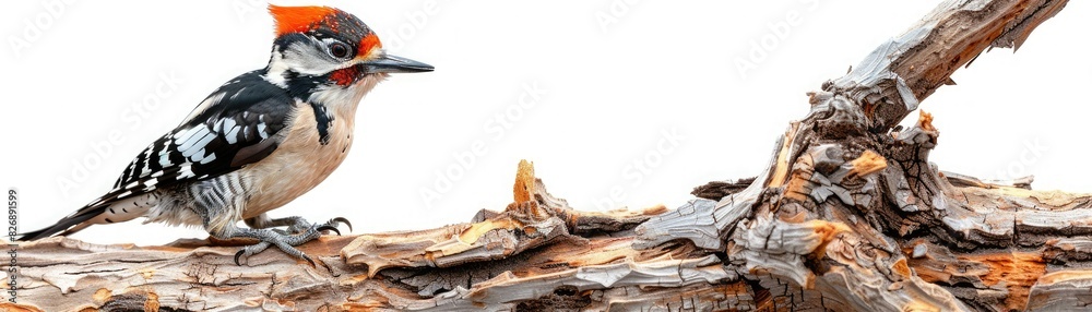 Close-up of a woodpecker perched on a branch with a white background. Ideal for nature, wildlife, and bird photography projects. Close-up of a woodpecker perched on a branch with a white background. Ideal for nature, wildlife, and bird photography projects.