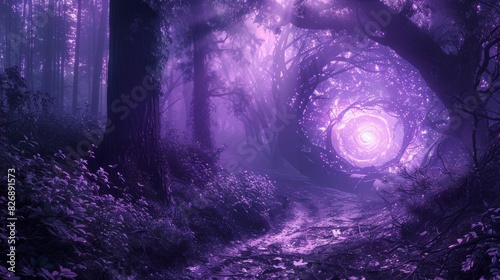 Mystical purple night forest, featuring an enchanted pathway that leads to a radiant swirling eye portal