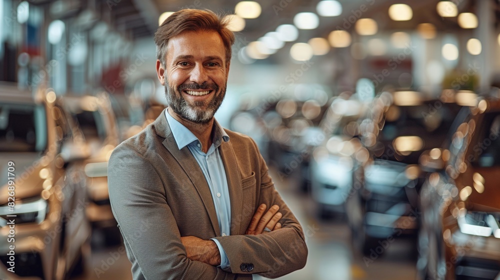 Professional car salesman at the dealership. Rent, repair and selection of cars. Happy face of a man. Generative AI Professional car salesman at the dealership. Rent, repair and selection of cars. Happy face of a man. Generative AI
