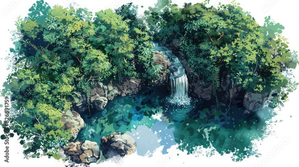 Digital watercolor painting of a serene forest waterfall cascading into a clear, emerald pool surrounded by lush greenery and rocks.