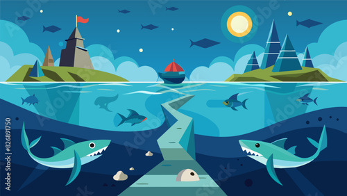 The underwater course took competitors deep into an underwater kingdom where they had to swim through sunken ships and avoid hungry sharks.. Vector illustration