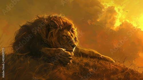 Lion Portrait Against a Fiery Evening Sky
