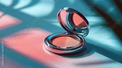 Elegant makeup compact placed on a vibrant background with striking lighting effects, highlighting its sleek design and beauty product appeal.