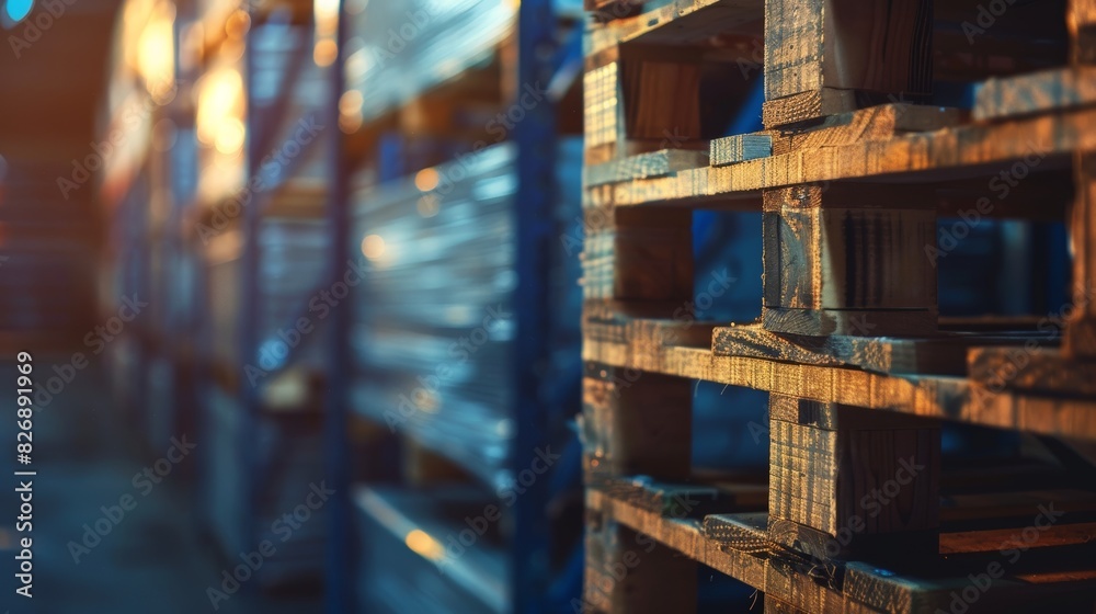 High-detail close-up of stacked pallets, background warehouse shelves indistinct and blurred, moonlight casting shadows, modern tech style High-detail close-up of stacked pallets, background warehouse shelves indistinct and blurred, moonlight casting shadows, modern tech style