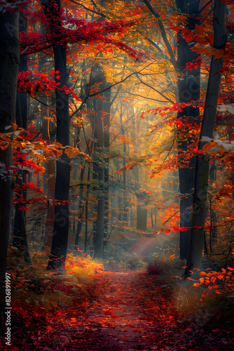 Serene Autumn Forest Path with Vibrant Foliage and Soft Light Filtering Through the Canopy