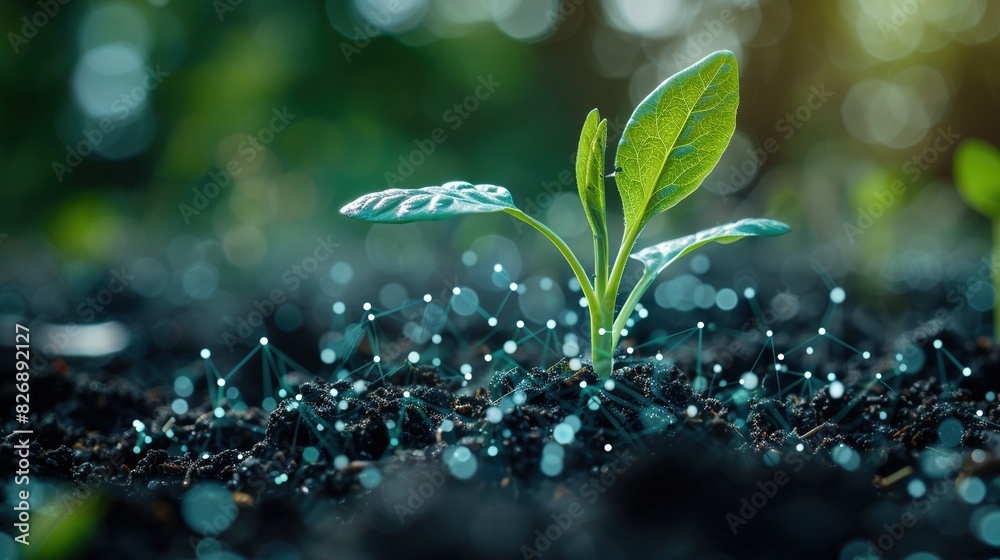 Big data. Smart farming and agriculture Innovation. A young corn sprout with a flow of data. Generative AI