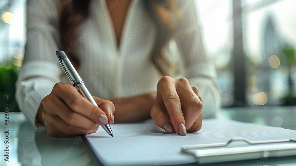 business woman writing on a crisp white notepad with a sleek silver pen business woman writing on a crisp white notepad with a sleek silver pen
