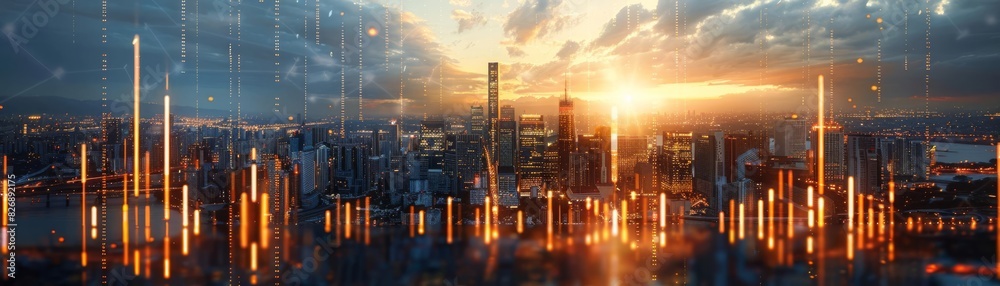 A dramatic representation of market trends illuminated in golden light before a bustling city, perfect for financial and business themes A dramatic representation of market trends illuminated in golden light before a bustling city, perfect for financial and business themes