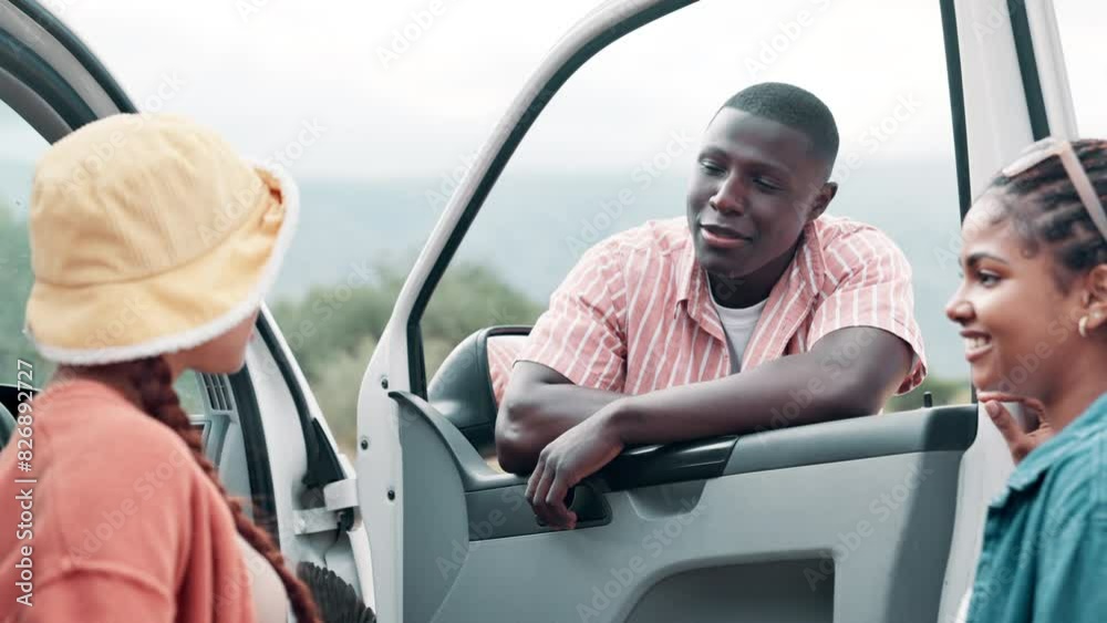 Friends, road trip and car with door, talk and smile for conversation and travel discussion. Group, diversity and communication for summer adventure, holiday break and outdoor vacation happiness Friends, road trip and car with door, talk and smile for conversation and travel discussion. Group, diversity and communication for summer adventure, holiday break and outdoor vacation happiness
