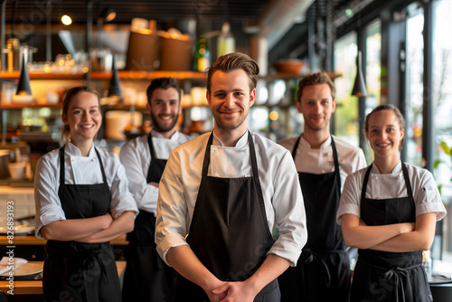 Belgium professional service staff, salesperson and cook in modern restaurant.	
 photo