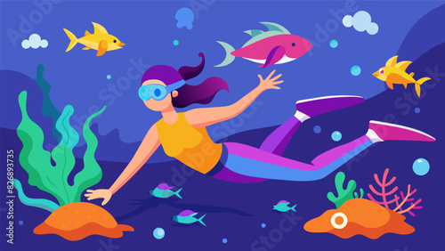 Immerse yourself in a virtual underwater world swimming and stretching alongside colorful sea creatures for a unique warmup session.. Vector illustration
