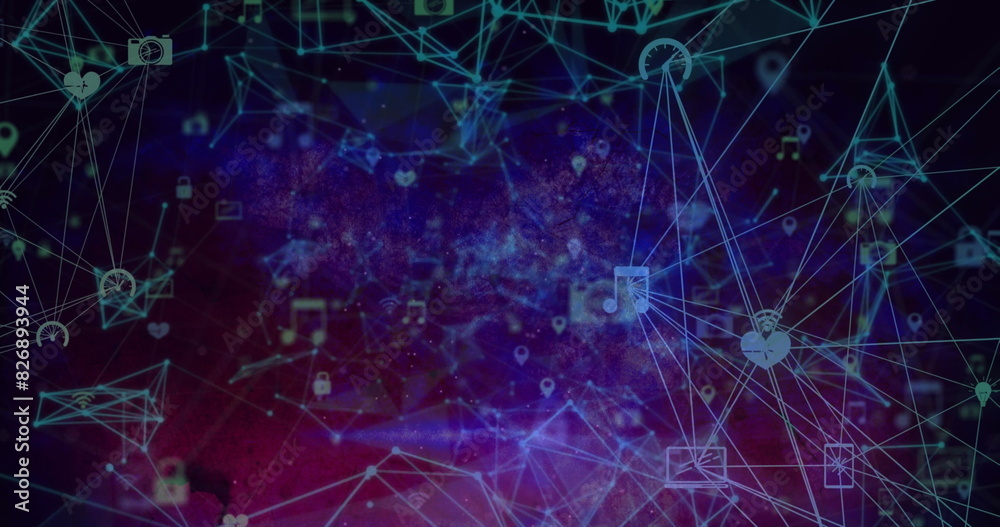 Image of network of connections, globes of digital icons against purple gradient background Image of network of connections, globes of digital icons against purple gradient background