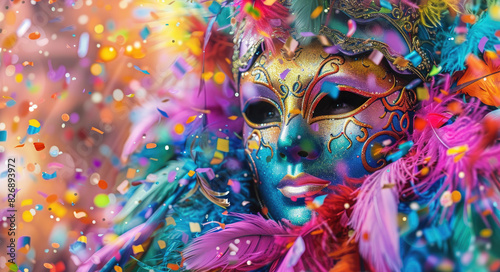 A closeup of an intricate Venetian mask surrounded by colorful confetti and feathers, set against the vibrant background © Kien