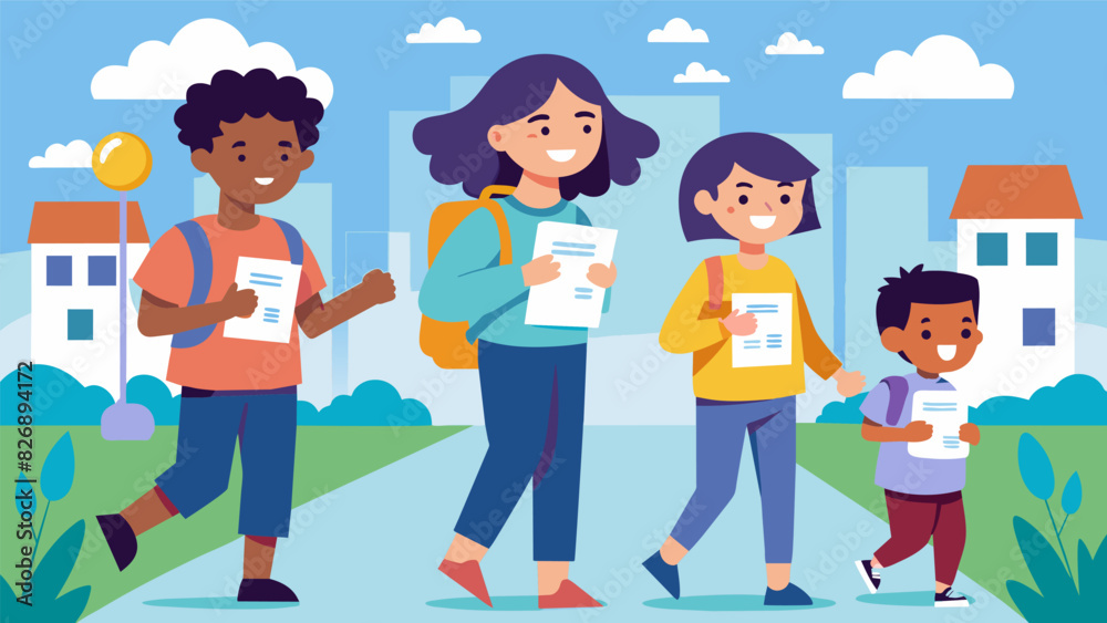 Kids walking around their neighborhood putting up flyers about their upcoming digital citizenship workshop for parents and teachers.. Vector illustration Kids walking around their neighborhood putting up flyers about their upcoming digital citizenship workshop for parents and teachers.. Vector illustration