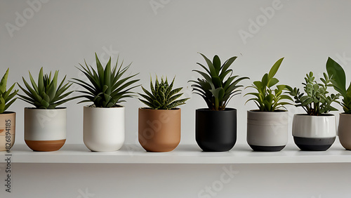Capture images of small indoor plants in stylish pots, arranged on a white background