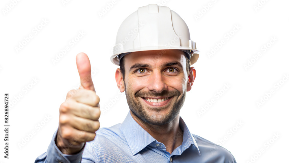 Thumbs Up Engineer – Close Portrait: An engineer with a thumbs up, isolated on a white background.
Thumbs Up Engineer – Close Portrait: An engineer with a thumbs up, isolated on a white background.