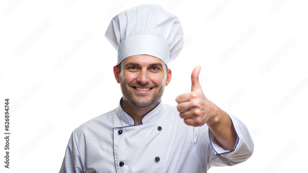 Thumbs Up Chef – Culinary Portrait: A chef in uniform showing a thumbs up, isolated on a white background.
Thumbs Up Chef – Culinary Portrait: A chef in uniform showing a thumbs up, isolated on a white background.