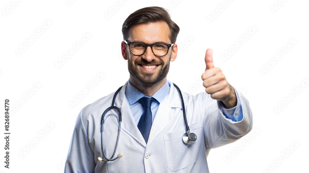 Fototapeta premium Thumbs Up Doctor – Professional Portrait: A doctor in a lab coat giving a thumbs up, isolated on a white background.
