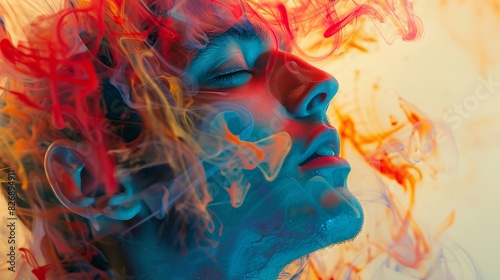Close-up of an actor in a dramatic monologue, double exposure with swirling abstract colors representing emotions photo