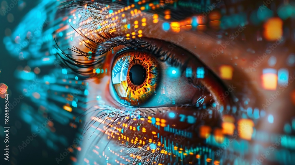 Close-up of content creator's eye, reflecting a vivid mix of text and graphics, symbolizing the vision and creativity in digital content creation Close-up of content creator's eye, reflecting a vivid mix of text and graphics, symbolizing the vision and creativity in digital content creation