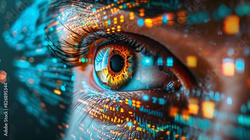 Close-up of content creator's eye, reflecting a vivid mix of text and graphics, symbolizing the vision and creativity in digital content creation