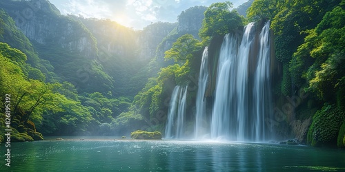 An amazing panorama of magnificent waterfalls. Aesthetic atmosphere of peace and harmony. Generative AI