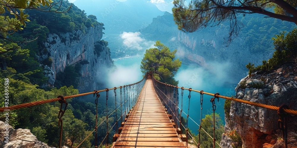 Fototapeta premium A pedestrian suspension bridge in the mountains, which opens up amazing aesthetic landscapes of nature. Generative AI
