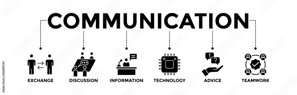 Communication banner icons set. Vector graphic glyph style with icon of exchange, discussion, information, technology, advice, and teamwork Communication banner icons set. Vector graphic glyph style with icon of exchange, discussion, information, technology, advice, and teamwork