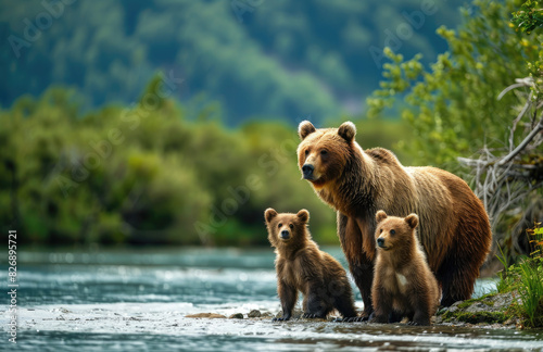 A family of brown bears, including two cubs and an adult female bear standing in the style of the river in beautiful nature