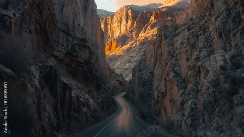 A narrow mountain road with deep canyons on either side  illuminated by the golden light of the setting sun 32k  full ultra hd  high resolution