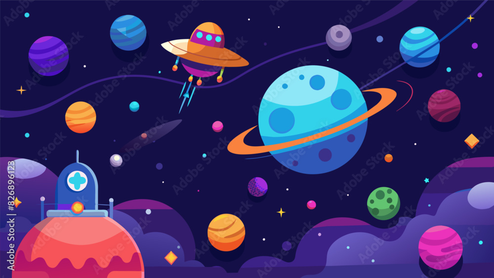 A game where players navigate a virtual spaceship through the galaxy learning about constellations and planets along the way.. Vector illustration A game where players navigate a virtual spaceship through the galaxy learning about constellations and planets along the way.. Vector illustration