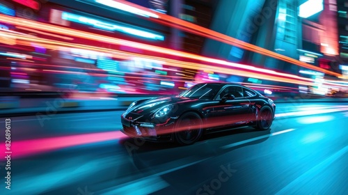 Sleek Black Sports Car Speeding Through City Streets at Night with Illuminated Lights in Background