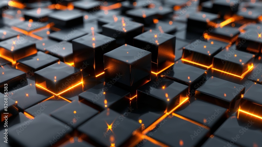 3D rendering of black cubes with glowing orange edges, forming a futuristic geometric pattern 3D rendering of black cubes with glowing orange edges, forming a futuristic geometric pattern