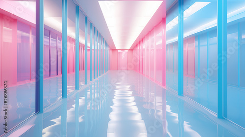 Blue corridor with red carpet and light in an urban building