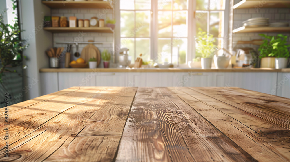 Beautiful natural wooden table with kitchen background. Beautiful natural wooden table with kitchen background.