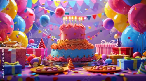 Photo Happy Birthday Cake Colorful Decorations Balloons Paper Shooting Gift Sweet Snake