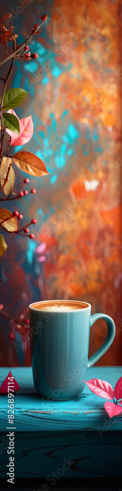 An abstract floral background with a cup of coffee and illustrated leaves and an empty space. An abstract floral background with a cup of coffee and illustrated leaves and an empty space.