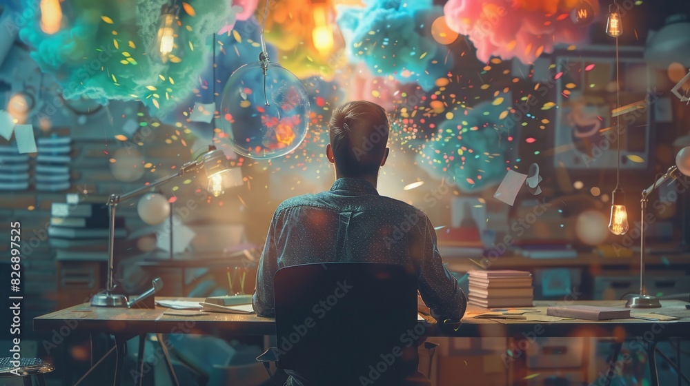 Content creator brainstorming at a desk, double exposure with swirling colorful ideas and lightbulbs, symbolizing creative thinking Content creator brainstorming at a desk, double exposure with swirling colorful ideas and lightbulbs, symbolizing creative thinking