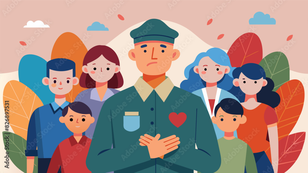 Surrounded by loved ones the veteran felt a sense of peace and belonging finally back in the familiar comfort of their hometown.. Vector illustration Surrounded by loved ones the veteran felt a sense of peace and belonging finally back in the familiar comfort of their hometown.. Vector illustration