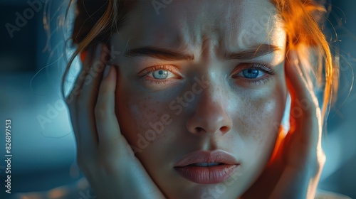 Stressed woman with severe headache, closeup of pained expression, holding temples, detailed depiction, indoor background, realistic details, highdefinition, dramatic shot