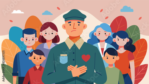Surrounded by loved ones the veteran felt a sense of peace and belonging finally back in the familiar comfort of their hometown.. Vector illustration