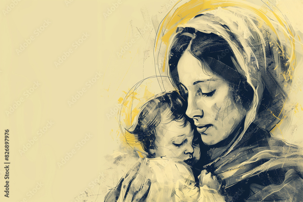 Fototapeta premium Motherhood. Mother Mary with baby Jesus, digital drawn illustration on neutral background
