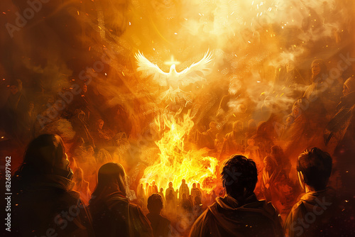 Pentecost. The descent of the Holy Spirit on the followers. People in front of a burning fire with white dove above them. Digital painting