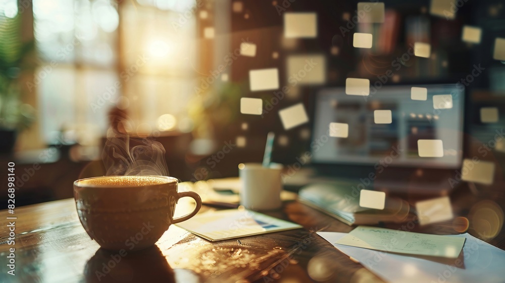 Double exposure of a coffee cup on a desk and floating task icons, close-up shot, cozy and productive vibe Double exposure of a coffee cup on a desk and floating task icons, close-up shot, cozy and productive vibe