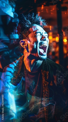 Double exposure of a comedian on stage, mixed with abstract laughter visuals, highlighting the joy of live comedy photo