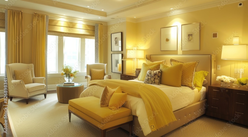 An elegant modern bedroom featuring soft yellow walls, modern furnishings, and subtle yellow accents for a warm and inviting feel An elegant modern bedroom featuring soft yellow walls, modern furnishings, and subtle yellow accents for a warm and inviting feel