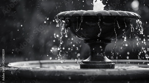 Monochrome fountain with streaming water and droplet photo