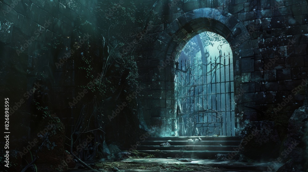 Fototapeta premium Ancient castle gate in mystical forest - A captivating digital artwork featuring a derelict castle gate shrouded in mist within a mysterious forest, evokes a sense of fantasy